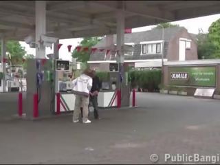 Very pregnant mistress PUBLIC threesome at a gas station